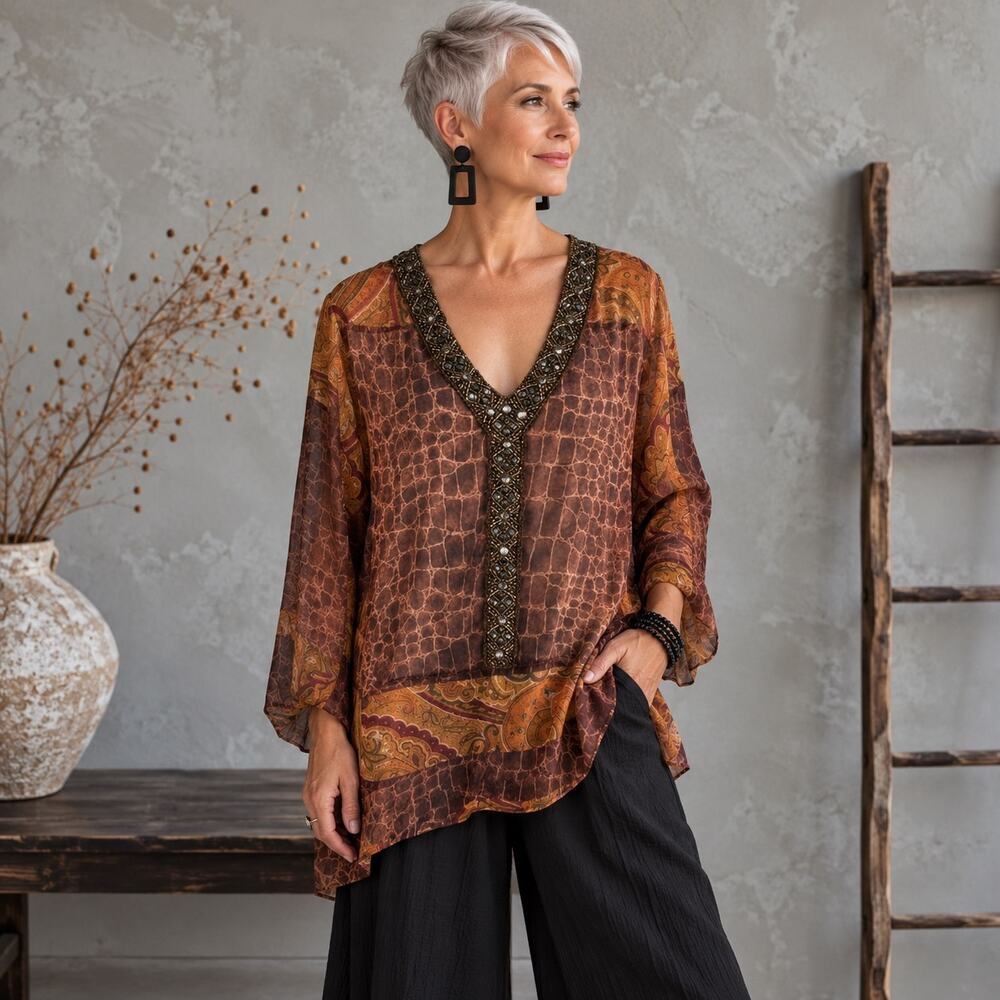 Robert Graham Sheer Brown Silk beaded Long Sleeve Blouse Small